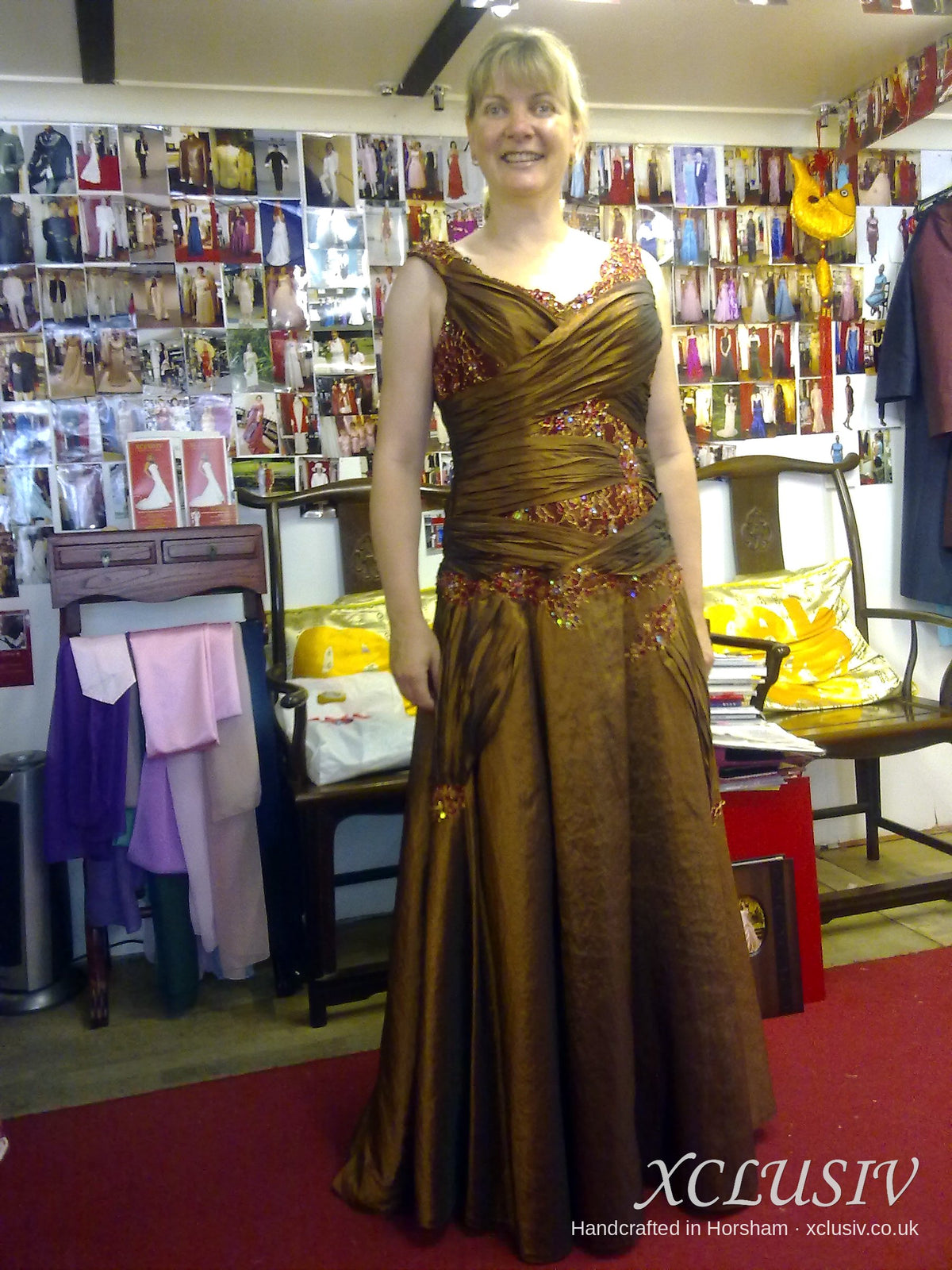 Bronze Taffeta Ruched Gown with Beaded Bodice – Mother of the Bride – XCLUSIV Horsham Main image