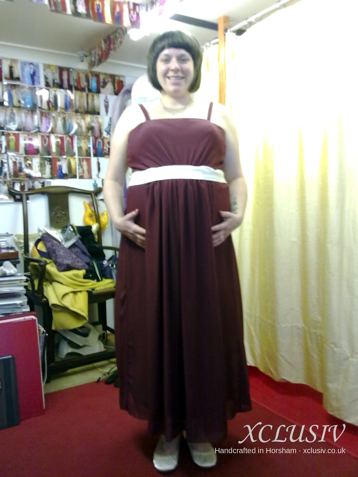 Burgundy Chiffon Empire Bridesmaid Dress with Ivory Band – XCLUSIV Horsham