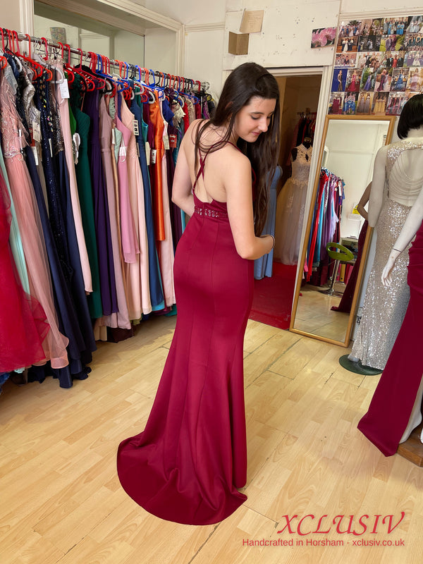 Burgundy Crepe Cross-Back Beaded-Waist Split Prom Dress – XCLUSIV Horsham (view 2)