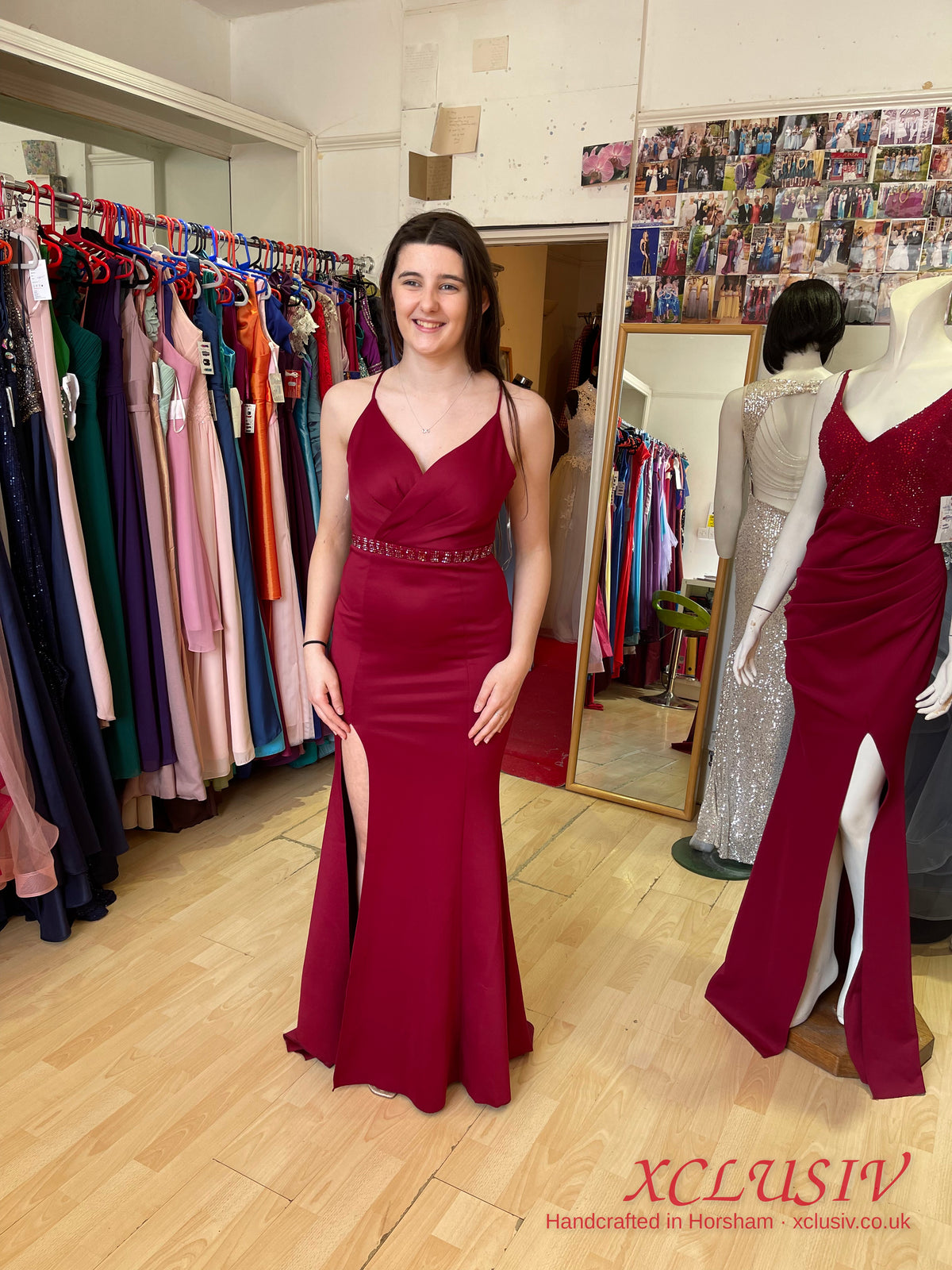 Burgundy Crepe Cross-Back Beaded-Waist Split Prom Dress – XCLUSIV Horsham (view 3)