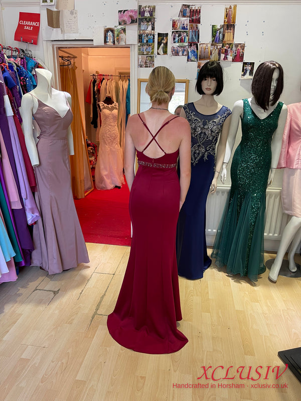 Burgundy Crepe Split Cross-Back Prom Dress – XCLUSIV Horsham (view 2)