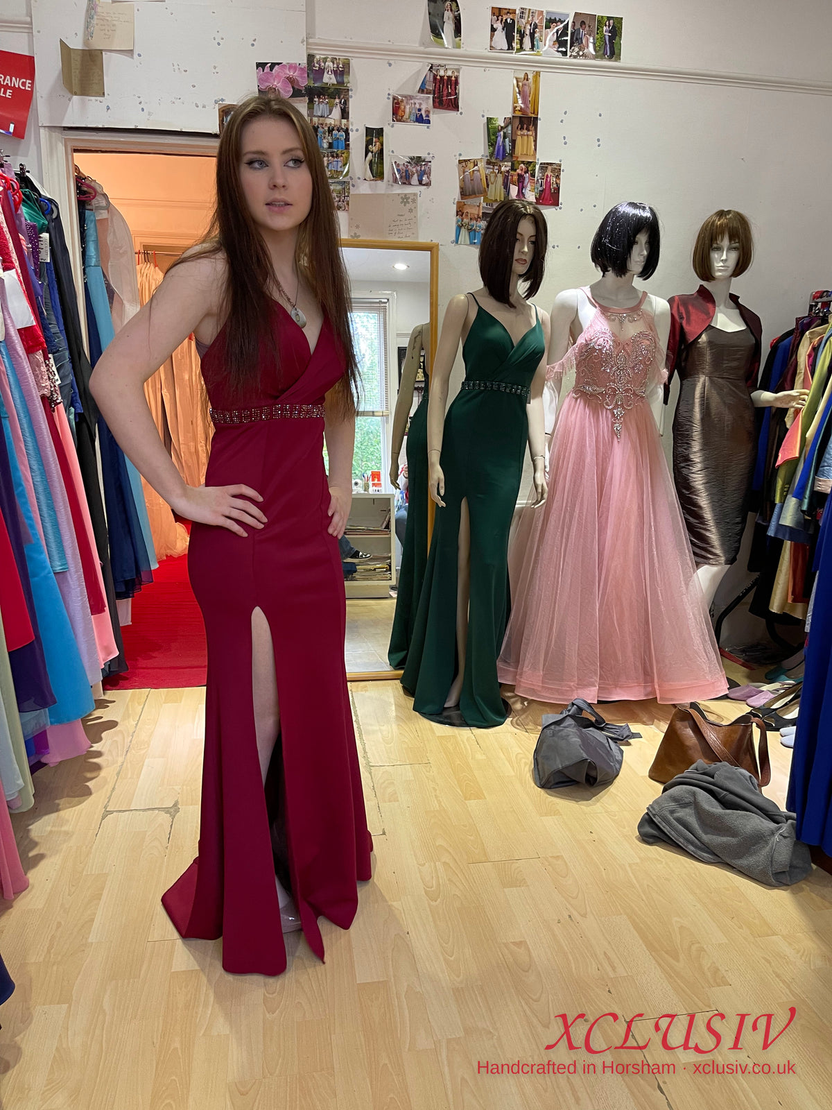 Burgundy Crepe Split Cross-Back Prom Dress – XCLUSIV Horsham (view 5)