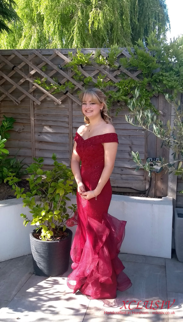 Burgundy Lace Off-Shoulder Ruffle Mermaid Prom Dress – XCLUSIV Horsham (view 2)