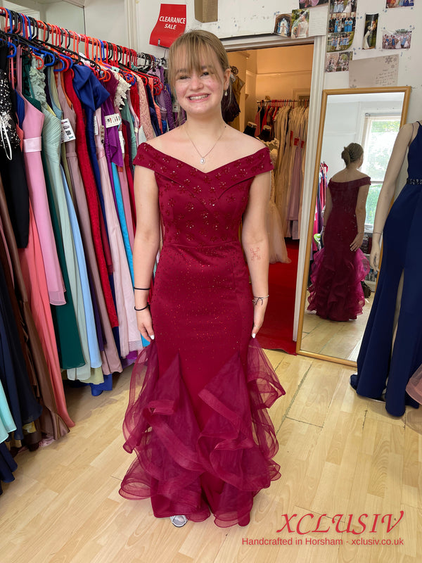 Burgundy Lace Off-Shoulder Ruffle Mermaid Prom Dress – XCLUSIV Horsham (view 3)