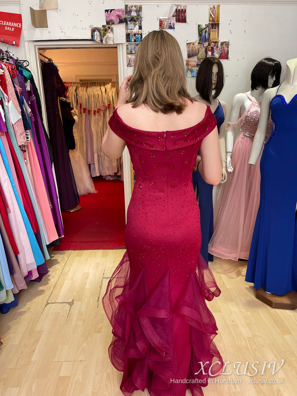 Burgundy Lace Off-Shoulder Ruffle Mermaid Prom Dress – XCLUSIV Horsham (view 4)