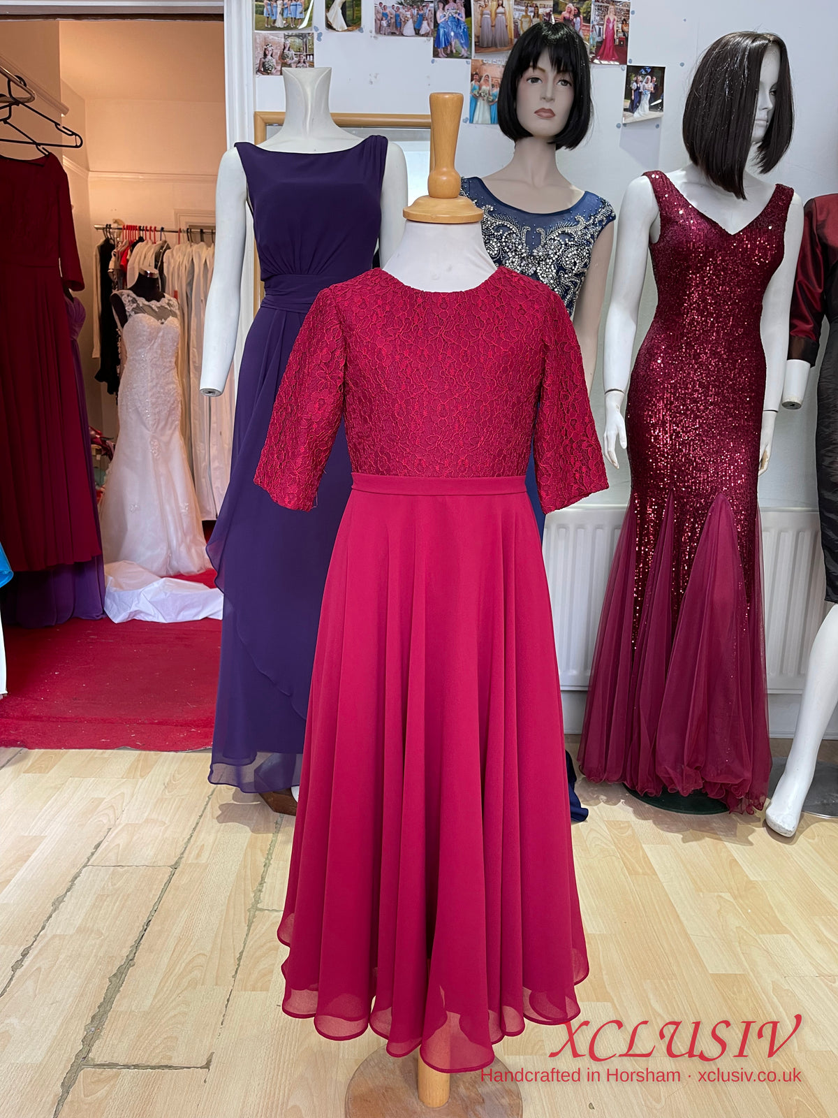 Burgundy Lace-Sleeve Chiffon Bridesmaid Dress with Matching Flower Girl Dress – XCLUSIV Horsham