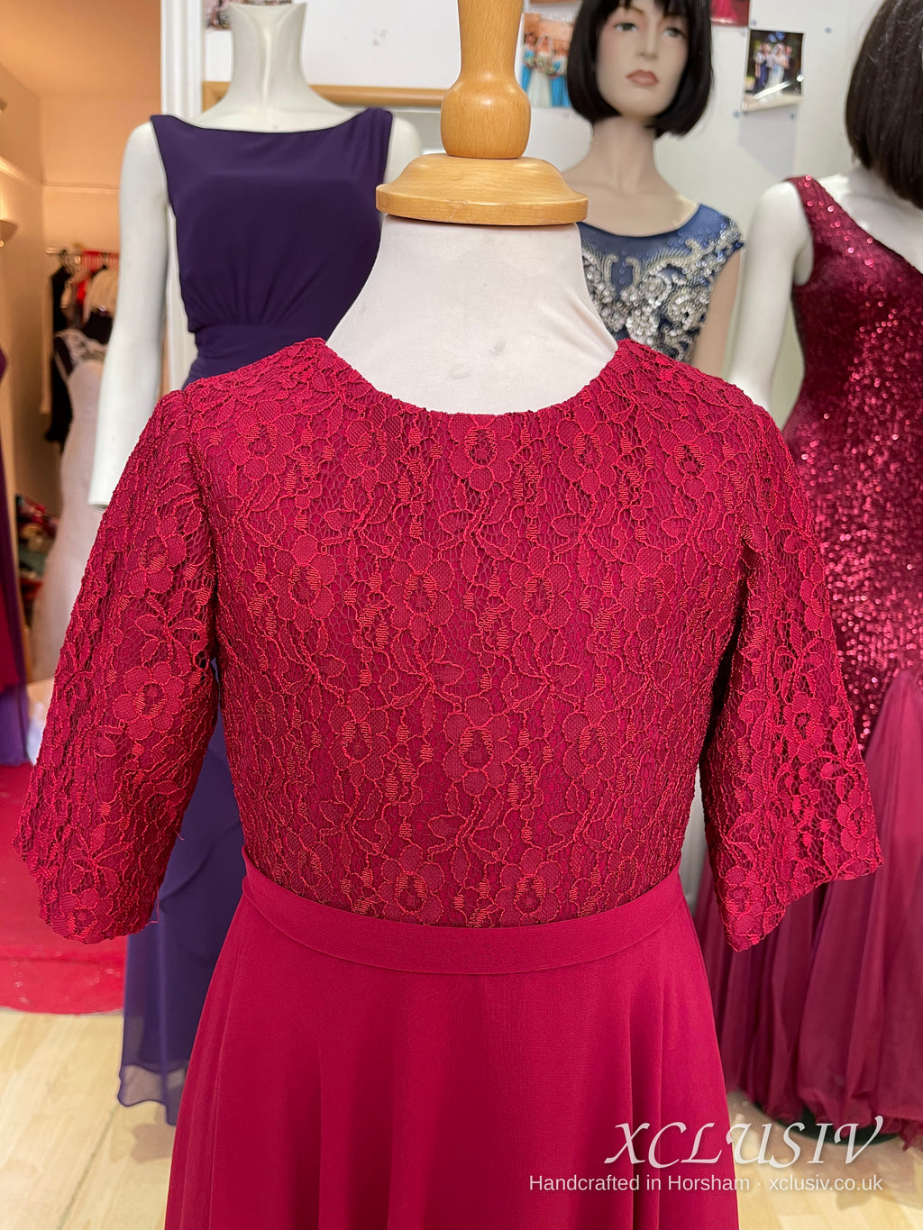 Burgundy Lace-Sleeve Chiffon Bridesmaid Dress with Matching Flower Girl Dress – XCLUSIV Horsham (view 2)