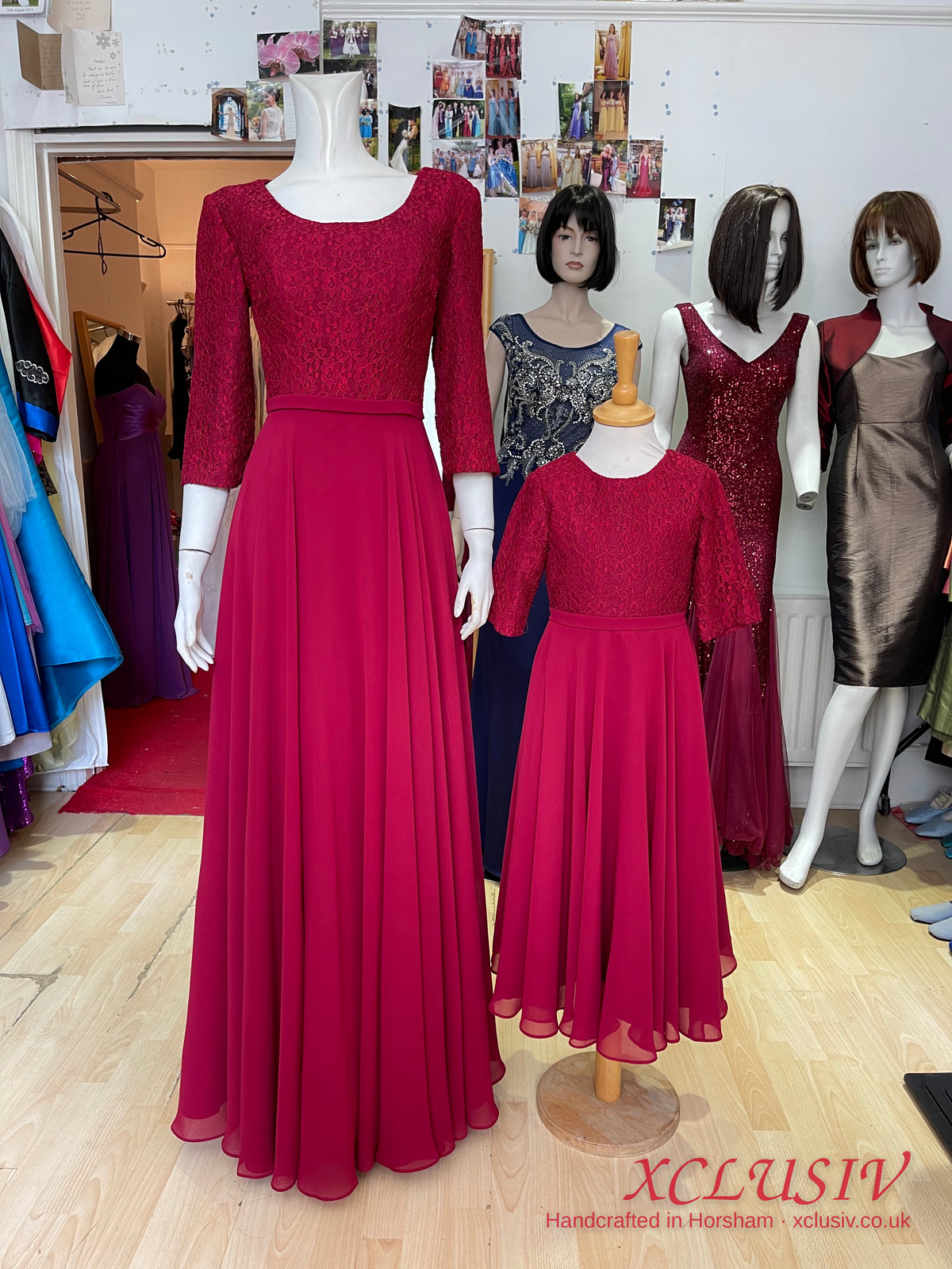 Burgundy Lace-Sleeve Chiffon Bridesmaid Dress with Matching Flower Girl Dress – XCLUSIV Horsham (view 3)