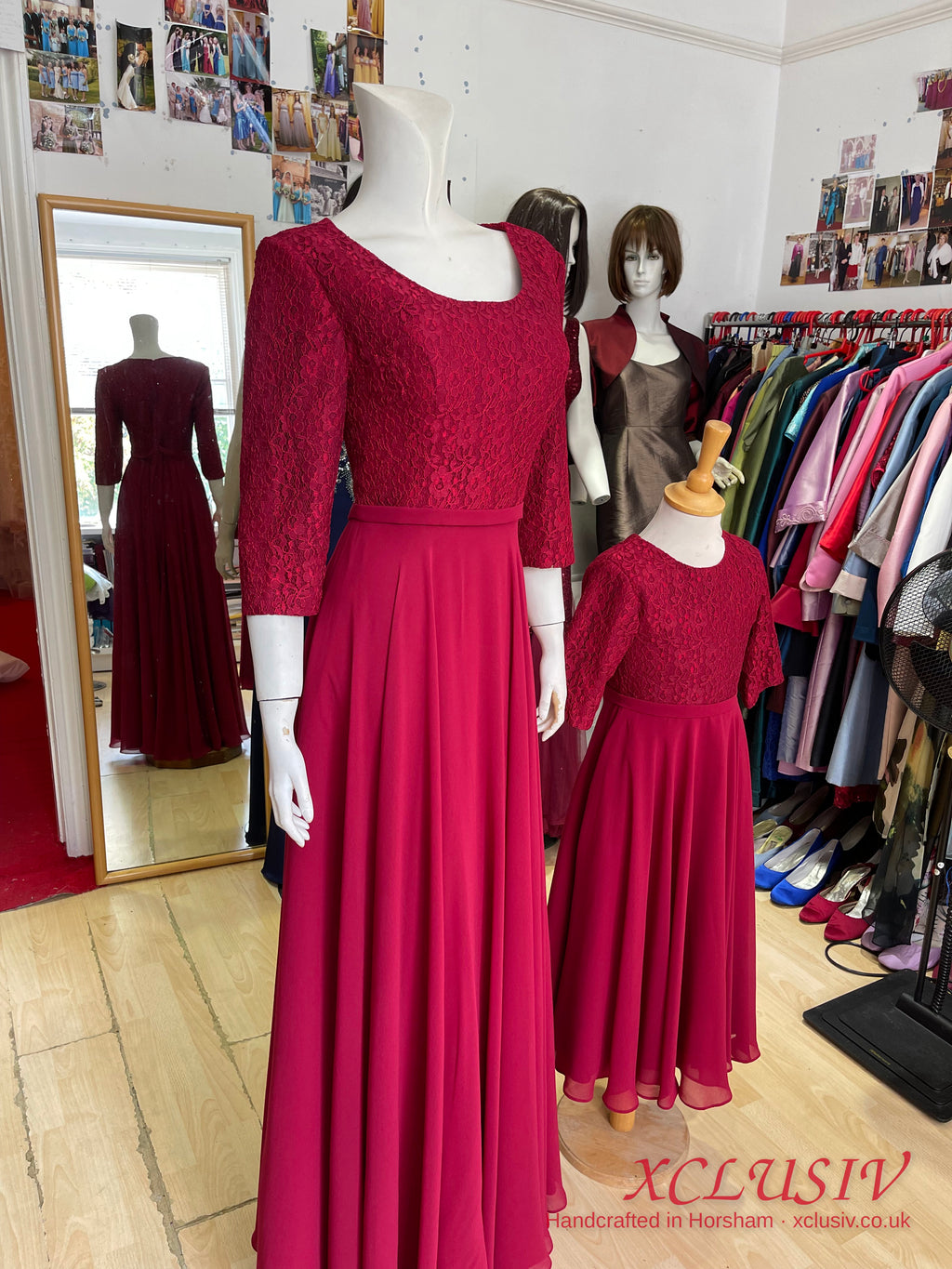 Burgundy Lace-Sleeve Chiffon Bridesmaid Dress with Matching Flower Girl Dress – XCLUSIV Horsham (view 4)