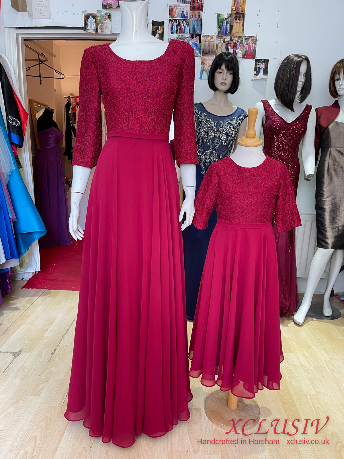 Burgundy Lace-Sleeve Chiffon Bridesmaid Dress with Matching Flower Girl Dress – XCLUSIV Horsham (view 5)