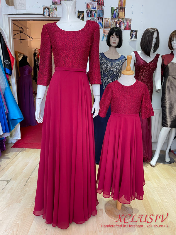Burgundy Lace-Sleeve Chiffon Bridesmaid Dress with Matching Flower Girl Dress – XCLUSIV Horsham (view 5)