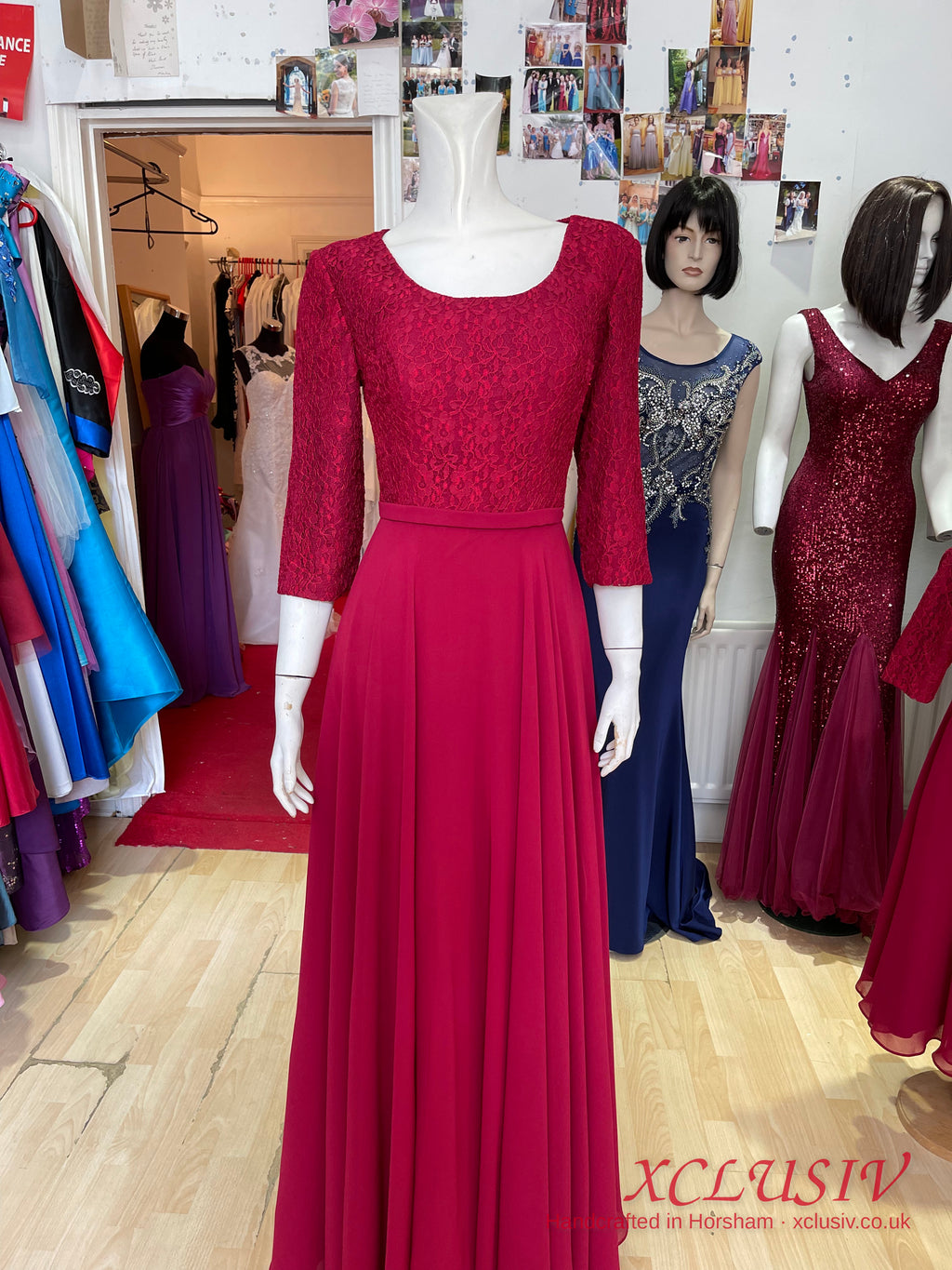 Burgundy Lace-Sleeve Chiffon Bridesmaid Dress with Matching Flower Girl Dress – XCLUSIV Horsham (view 6)