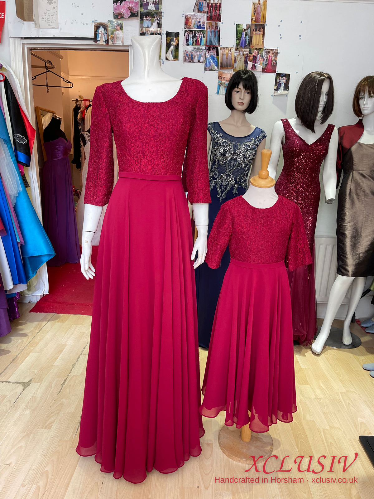 Burgundy Lace-Sleeve Chiffon Bridesmaid Dress with Matching Flower Girl Dress – XCLUSIV Horsham (view 7)