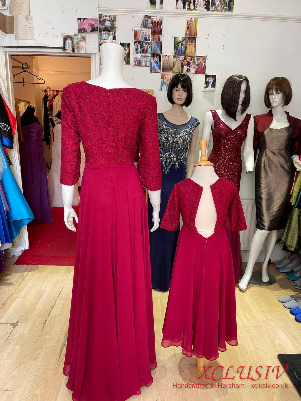 Burgundy Lace-Sleeve Chiffon Bridesmaid Dress with Matching Flower Girl Dress – XCLUSIV Horsham (view 8)