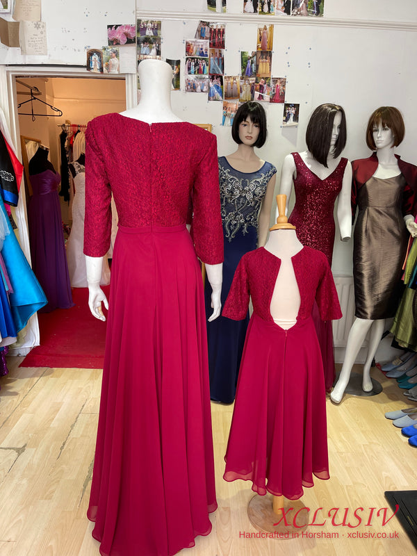 Burgundy Lace-Sleeve Chiffon Bridesmaid Dress with Matching Flower Girl Dress – XCLUSIV Horsham (view 8)