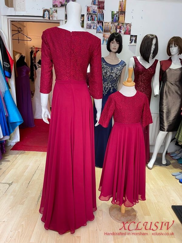 Burgundy Lace-Sleeve Chiffon Bridesmaid Dress with Matching Flower Girl Dress – XCLUSIV Horsham (view 9)