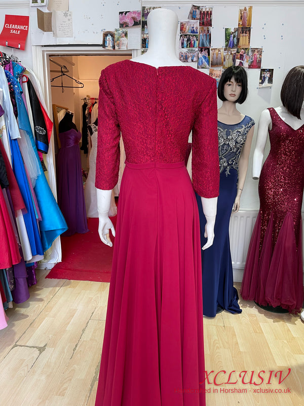 Burgundy Lace-Sleeve Chiffon Bridesmaid Dress with Matching Flower Girl Dress – XCLUSIV Horsham (view 10)