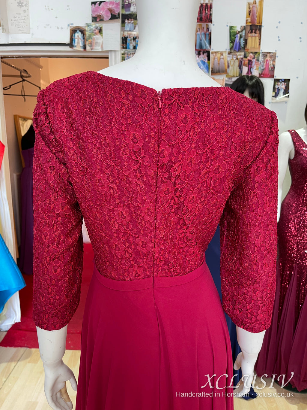 Burgundy Lace-Sleeve Chiffon Bridesmaid Dress with Matching Flower Girl Dress – XCLUSIV Horsham (view 11)