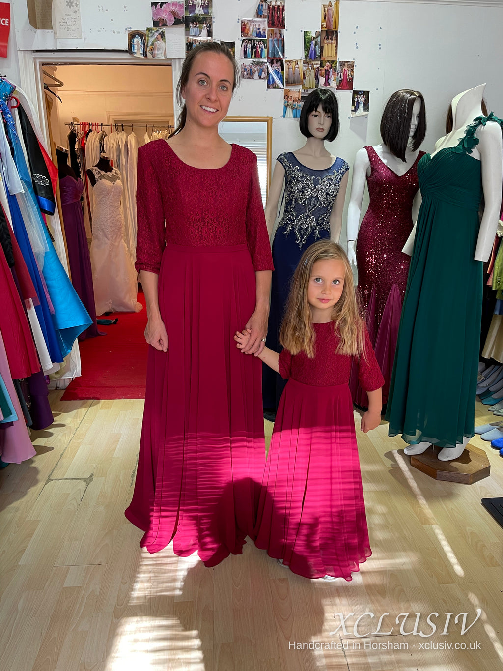 Burgundy Lace-Sleeve Chiffon Bridesmaid Dress with Matching Flower Girl Dress – XCLUSIV Horsham (view 13)
