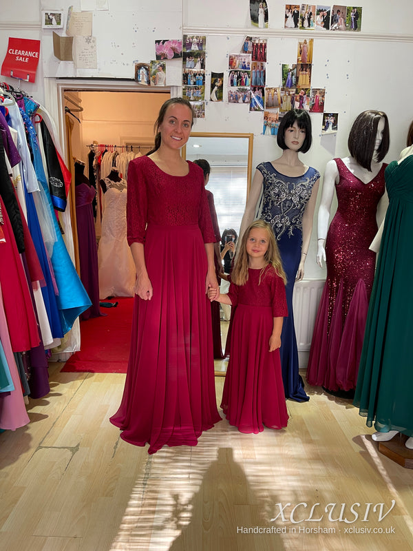 Burgundy Lace-Sleeve Chiffon Bridesmaid Dress with Matching Flower Girl Dress – XCLUSIV Horsham (view 14)