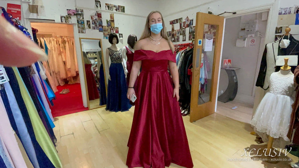 Burgundy Satin Off-Shoulder A-Line Prom Dress – XCLUSIV Horsham