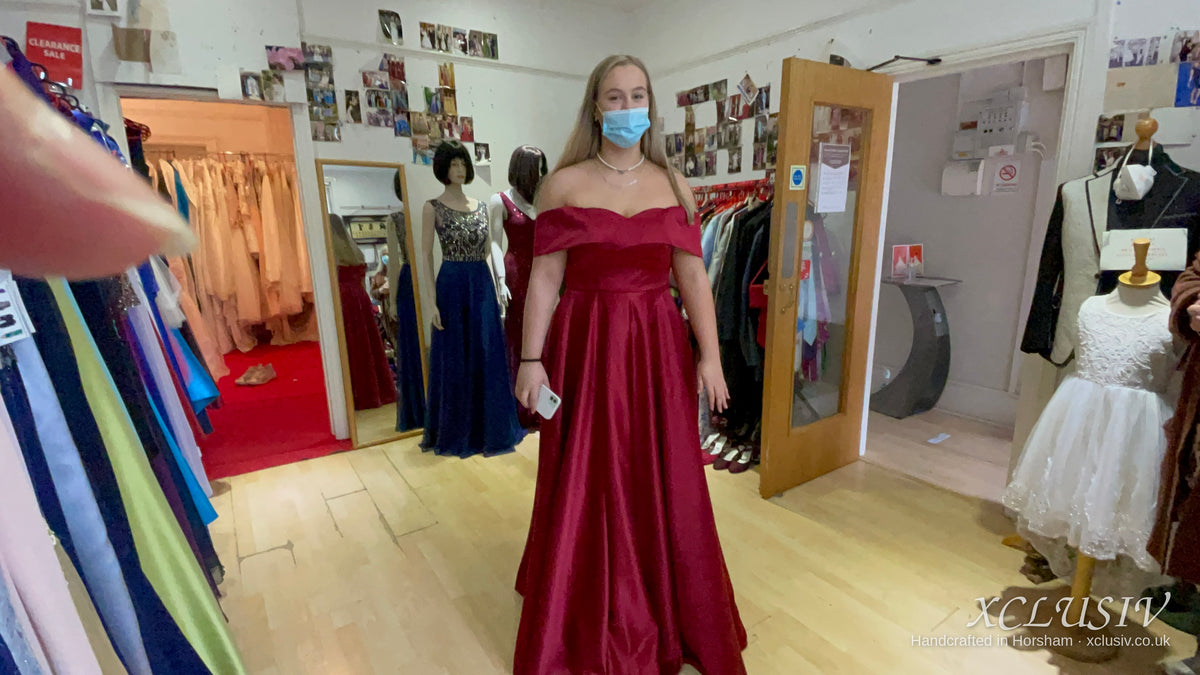 Burgundy Satin Off-Shoulder A-Line Prom Dress – XCLUSIV Horsham (view 2)