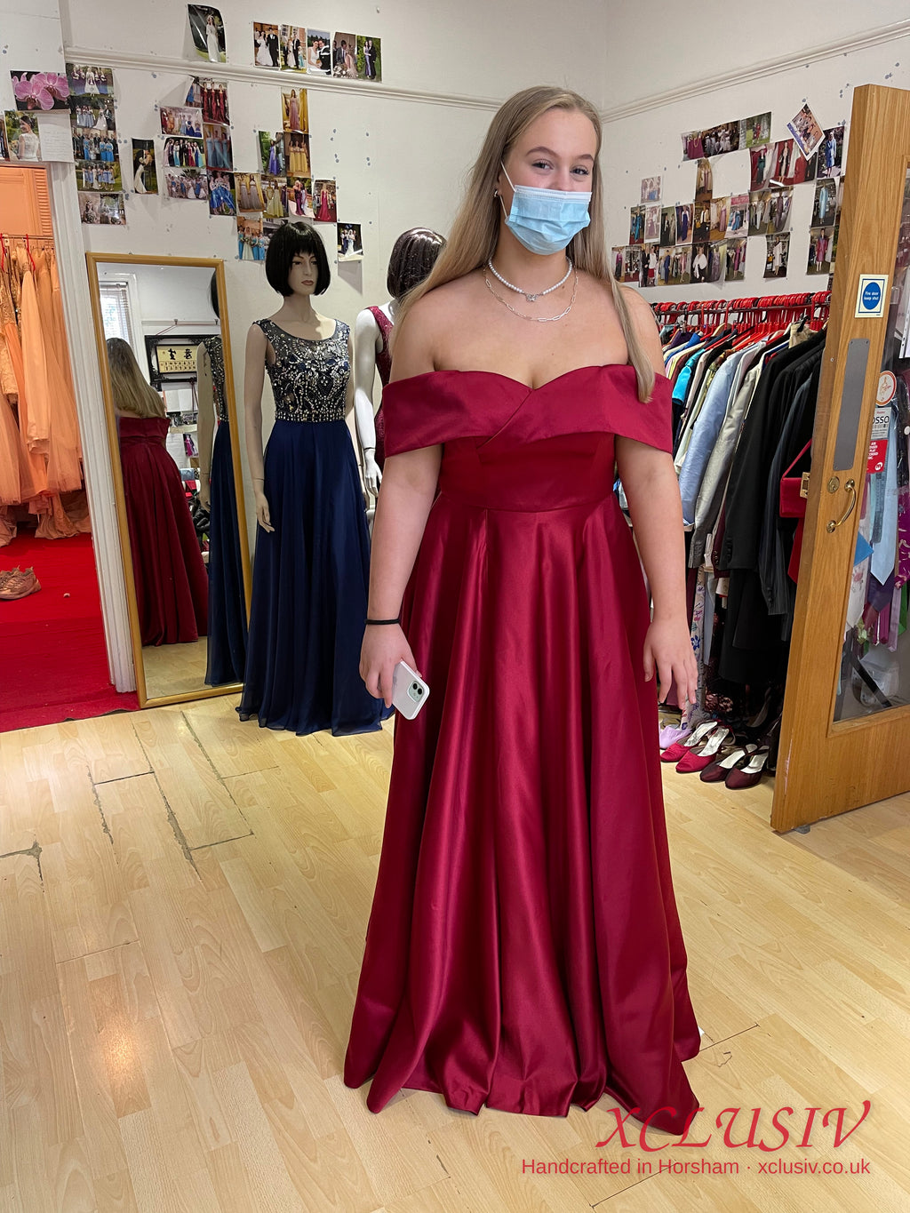 Burgundy Satin Off-Shoulder A-Line Prom Dress – XCLUSIV Horsham (view 3)