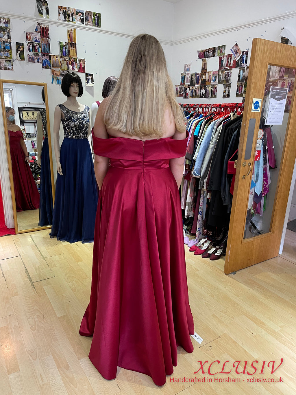 Burgundy Satin Off-Shoulder A-Line Prom Dress – XCLUSIV Horsham (view 4)