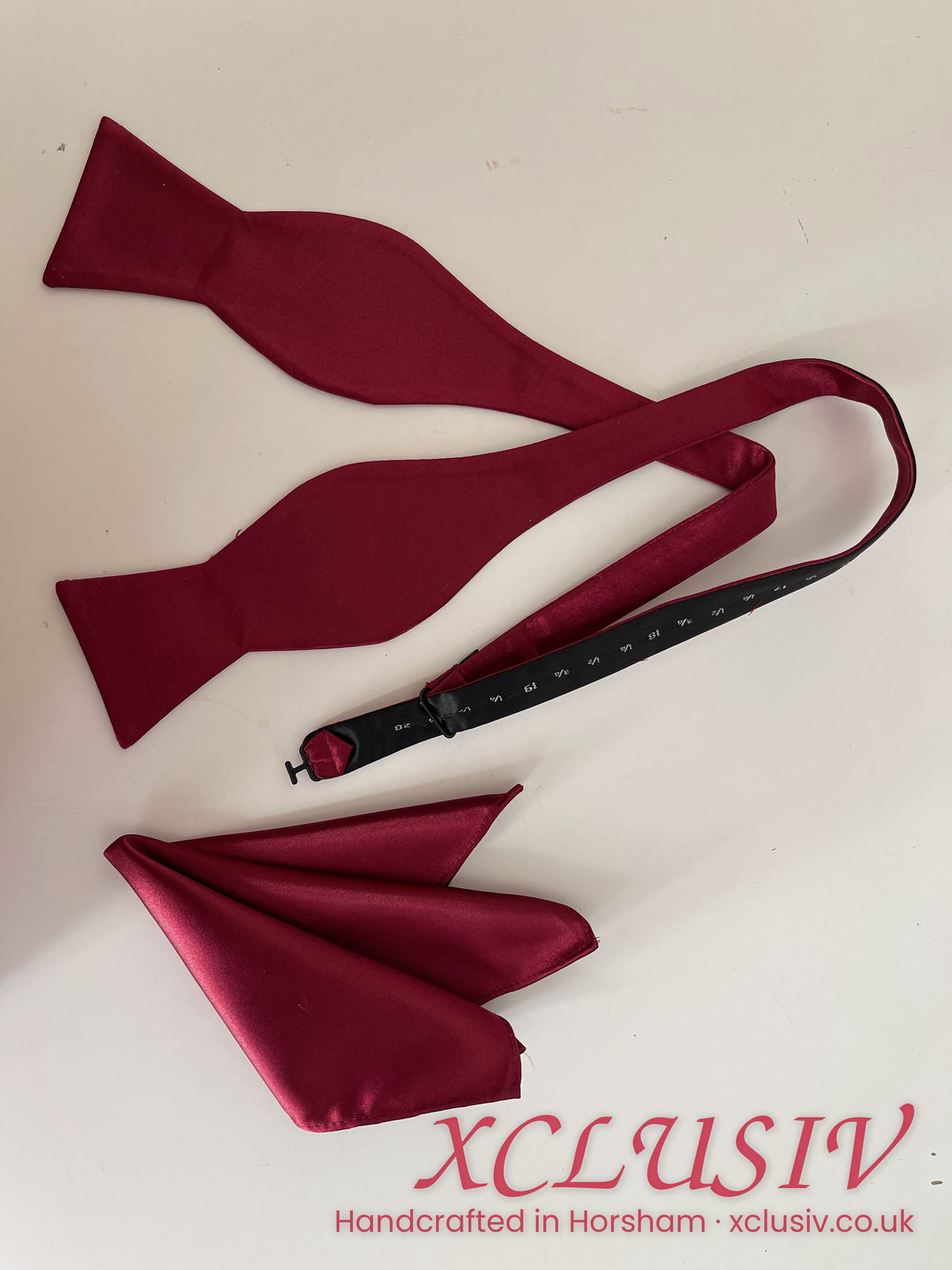Burgundy satin self-tie bow tie and pocket square – XCLUSIV Horsham Main image