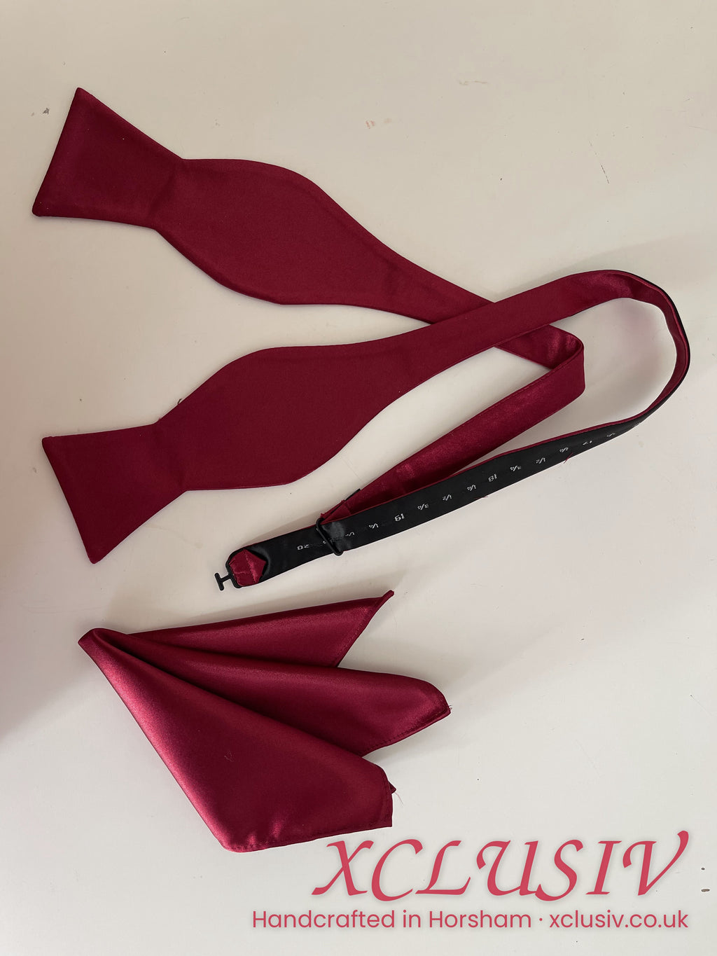 Burgundy satin self-tie bow tie and pocket square – XCLUSIV Horsham