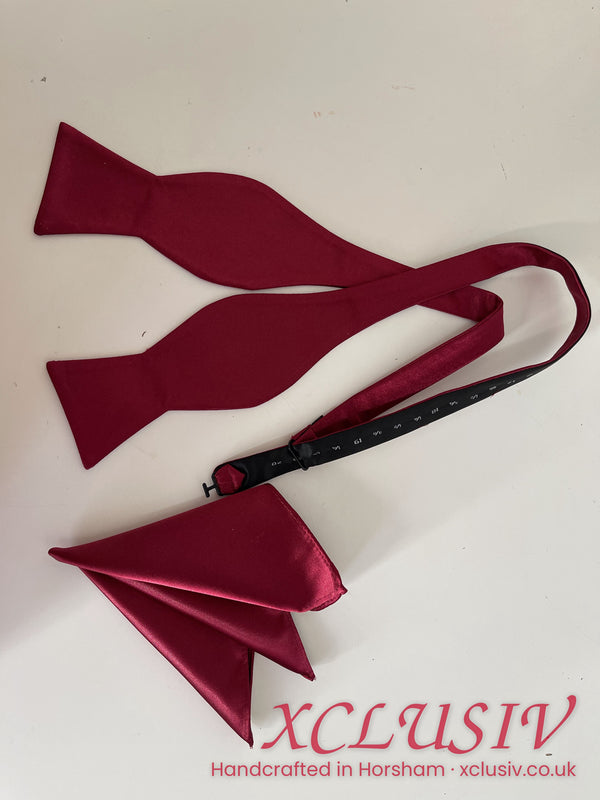 Burgundy satin self-tie bow tie and pocket square – XCLUSIV Horsham (view 2)