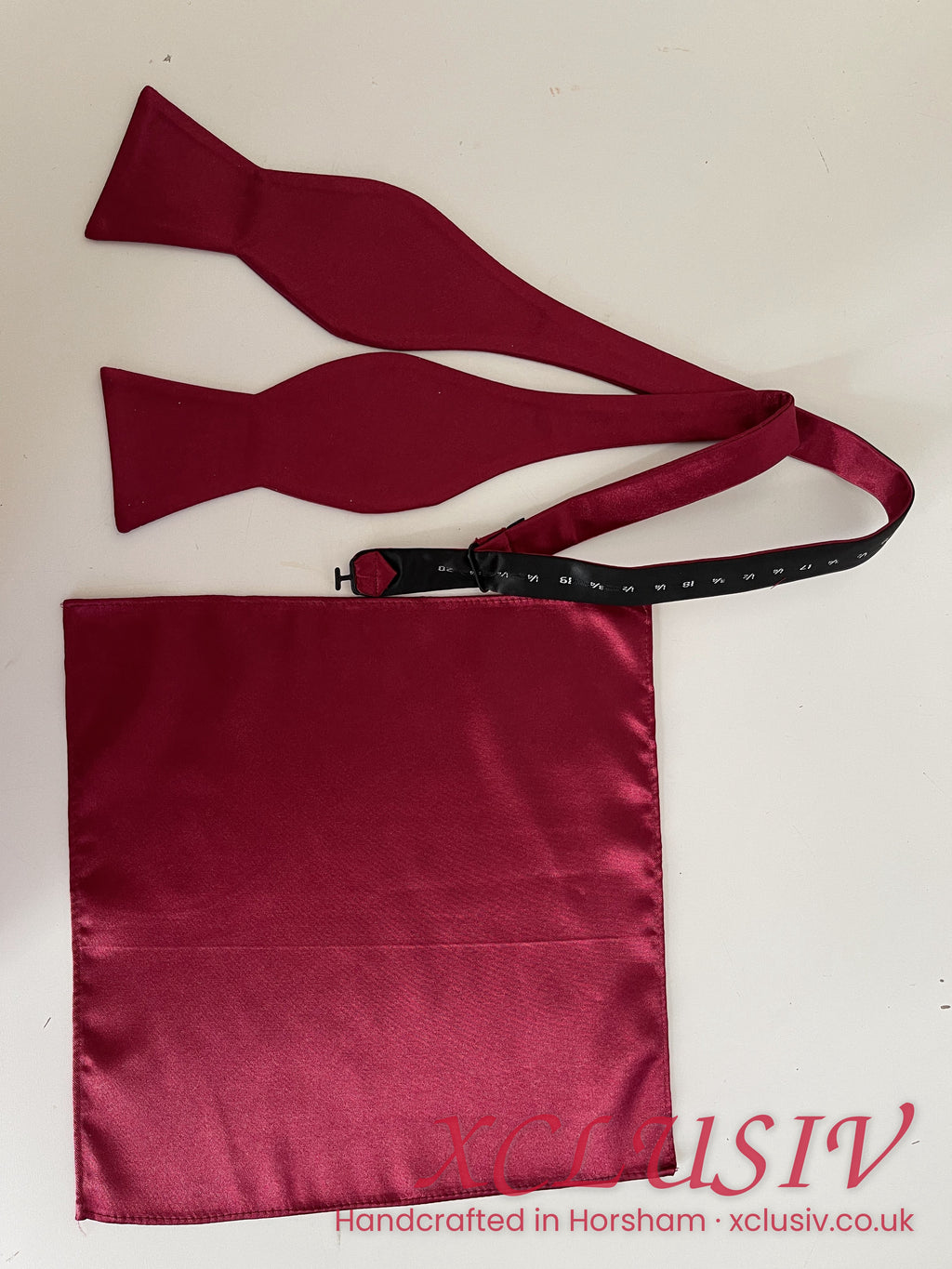 Burgundy satin self-tie bow tie and pocket square – XCLUSIV Horsham (view 3)