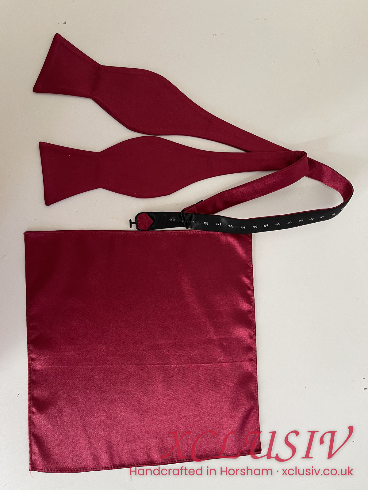 Burgundy satin self-tie bow tie and pocket square – XCLUSIV Horsham (view 3)