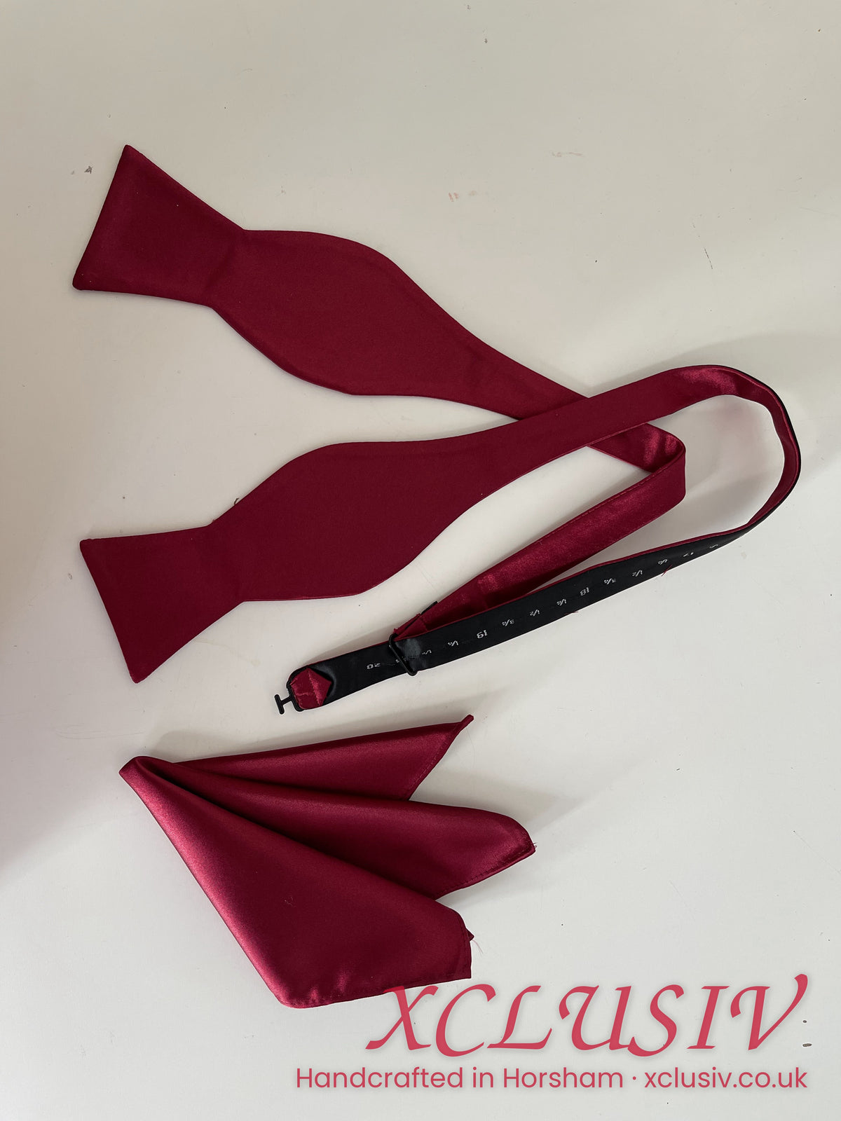 Burgundy satin self-tie bow tie and pocket square – XCLUSIV Horsham (view 4)