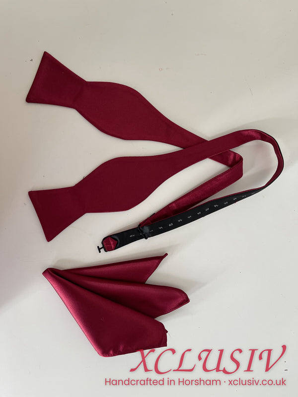 Burgundy satin self-tie bow tie and pocket square – XCLUSIV Horsham (view 4)