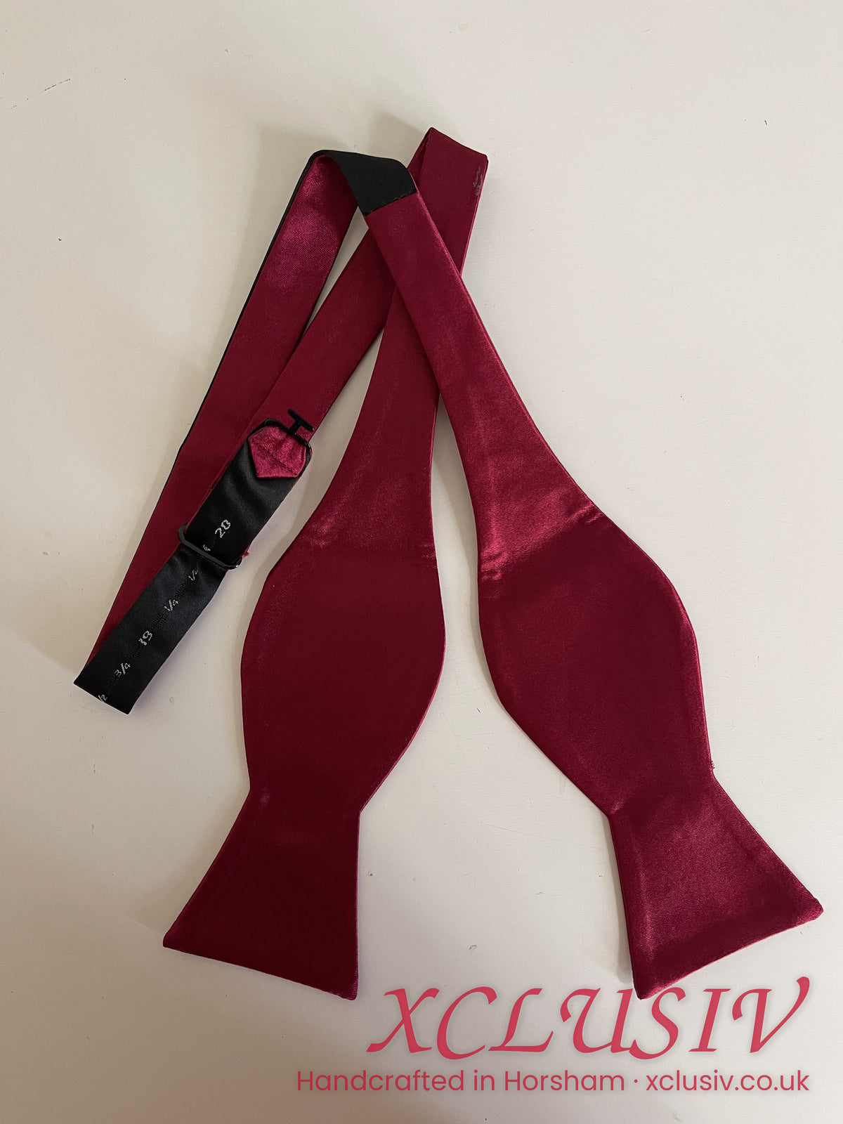 Burgundy satin self-tie bow tie and pocket square – XCLUSIV Horsham (view 5)