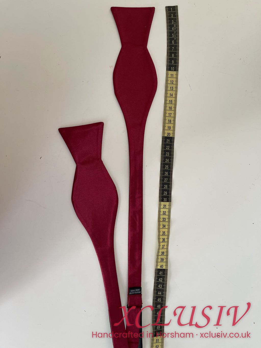 Burgundy satin self-tie bow tie and pocket square – XCLUSIV Horsham (view 9)