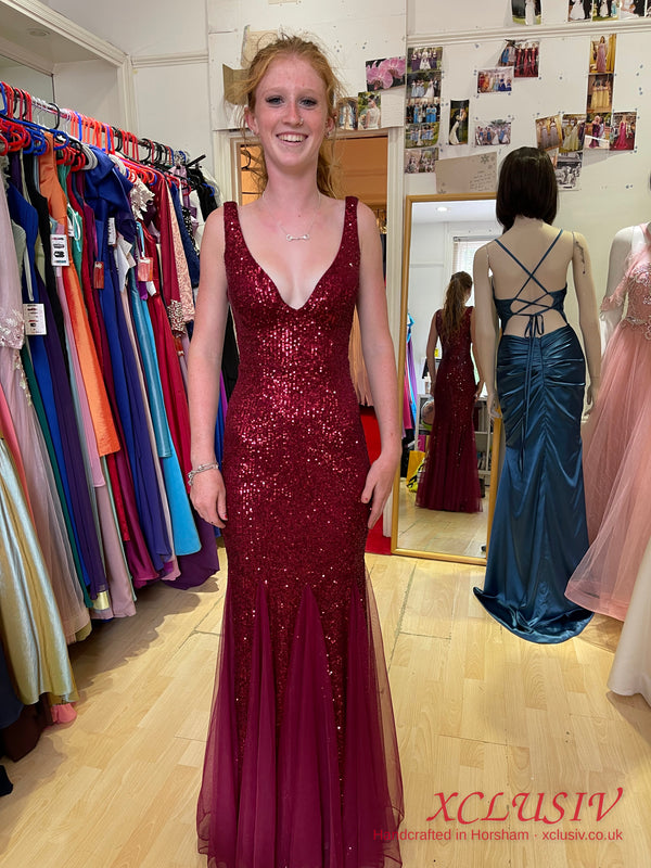Burgundy Sequin Tulle Mermaid Prom Dress – XCLUSIV Horsham (view 2)
