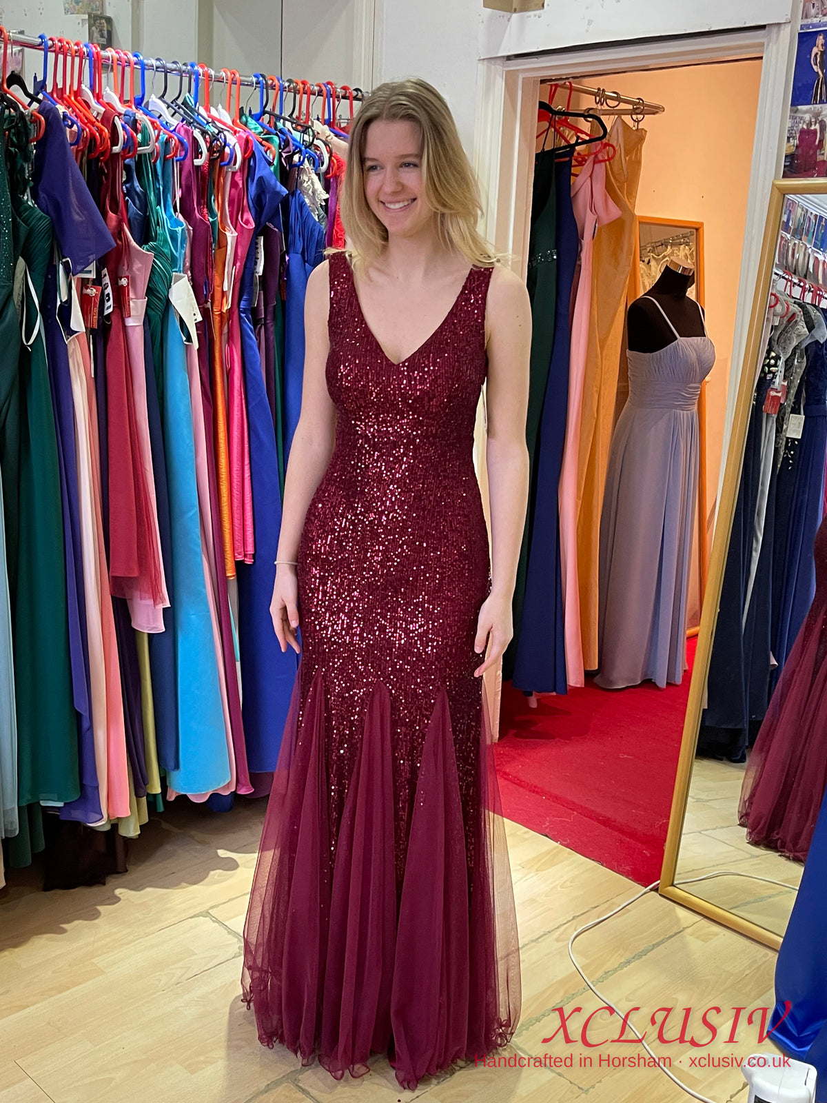 Burgundy Sequin Tulle Mermaid Prom Dress – XCLUSIV Horsham (view 4)