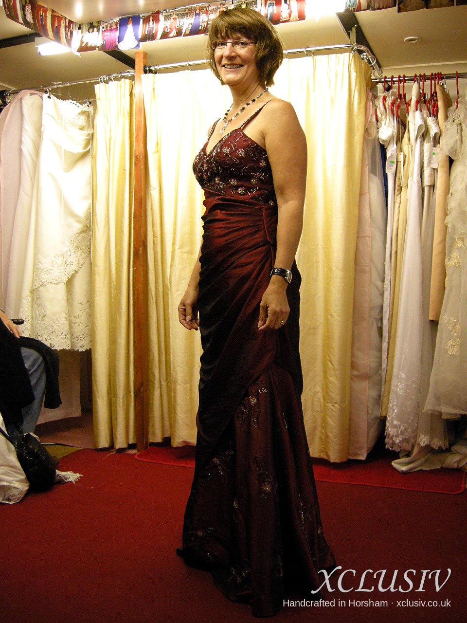 Burgundy Taffeta Beaded Bodice Fishtail Gown – Mother of the Bride – XCLUSIV Horsham (view 2)