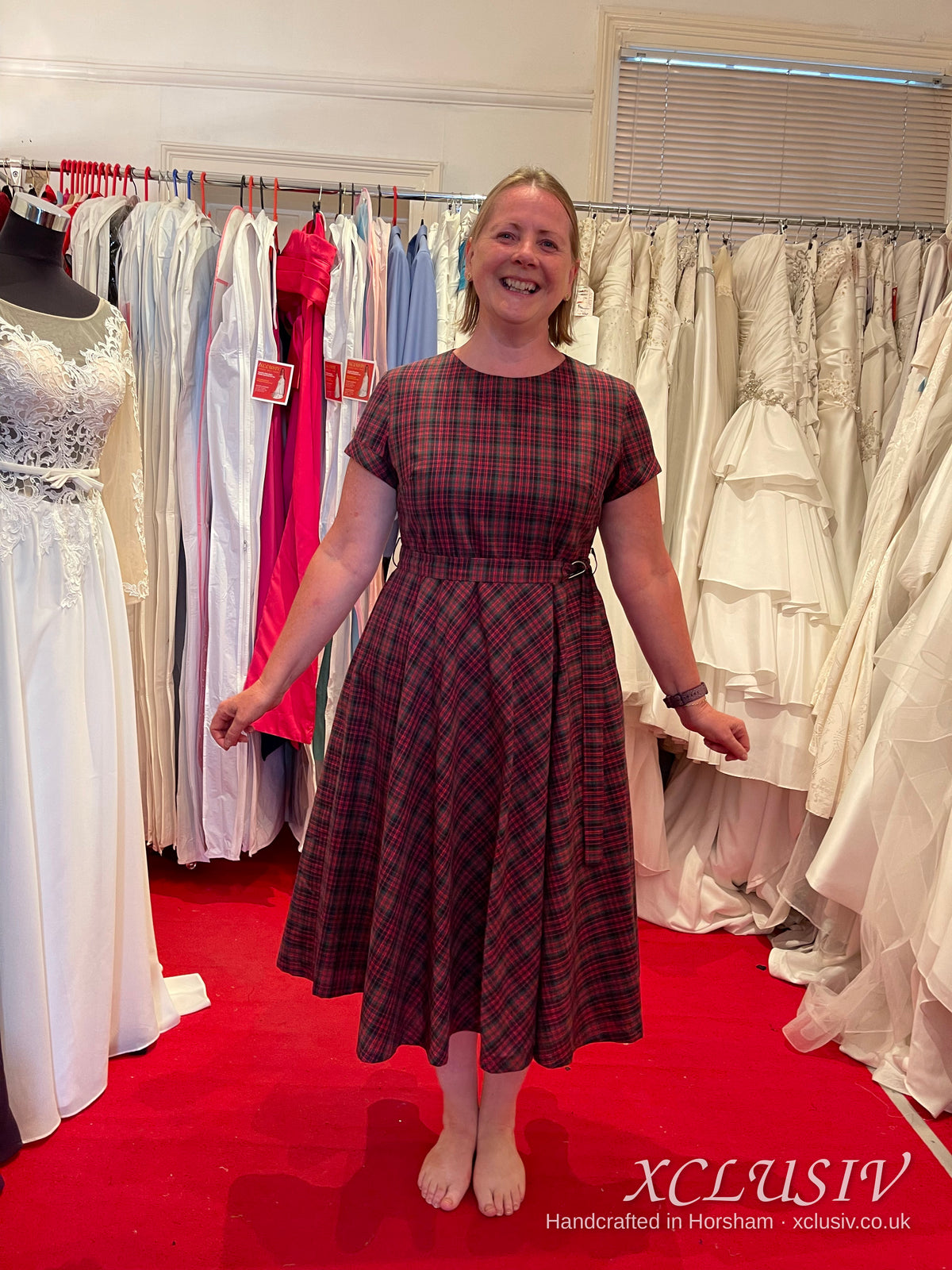 Burgundy Tartan Short-Sleeve Tea Dress – Mother of the Bride – XCLUSIV Horsham