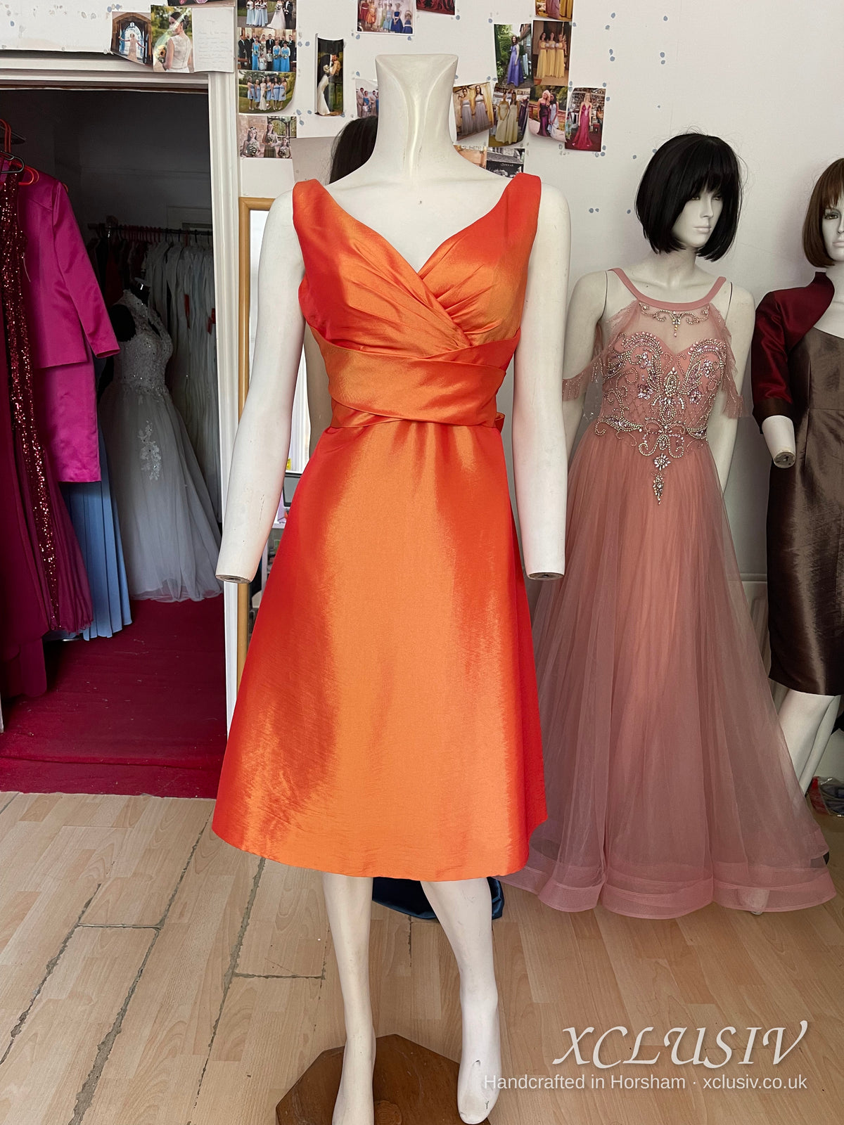 Burnt Orange Taffeta V-Neck Knee-Length Dress – Mother of the Bride – XCLUSIV Horsham
