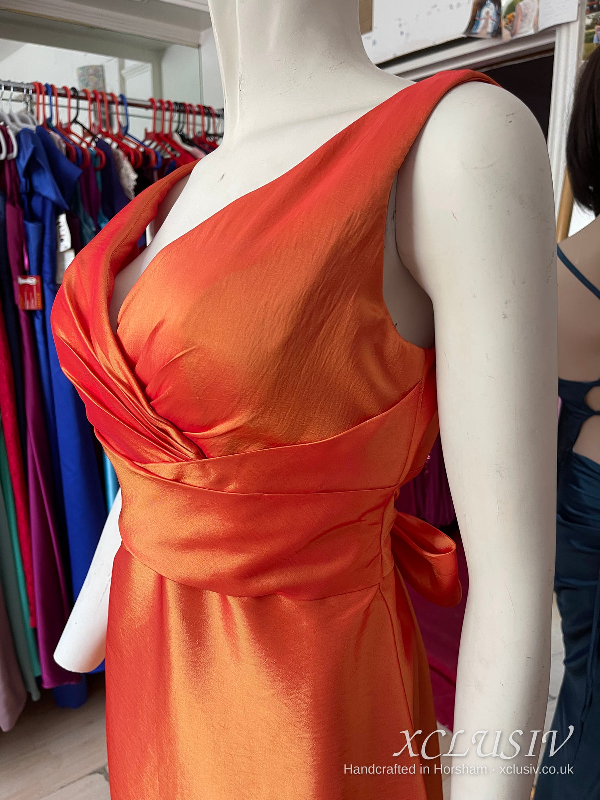 Burnt Orange Taffeta V-Neck Knee-Length Dress – Mother of the Bride – XCLUSIV Horsham (view 3)