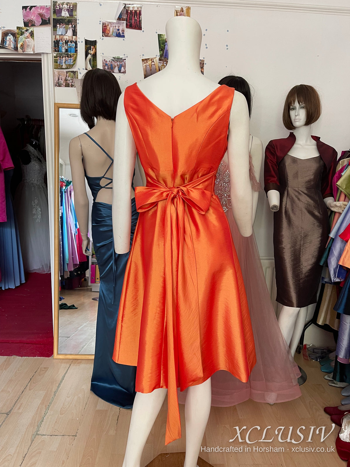 Burnt Orange Taffeta V-Neck Knee-Length Dress – Mother of the Bride – XCLUSIV Horsham (view 5)