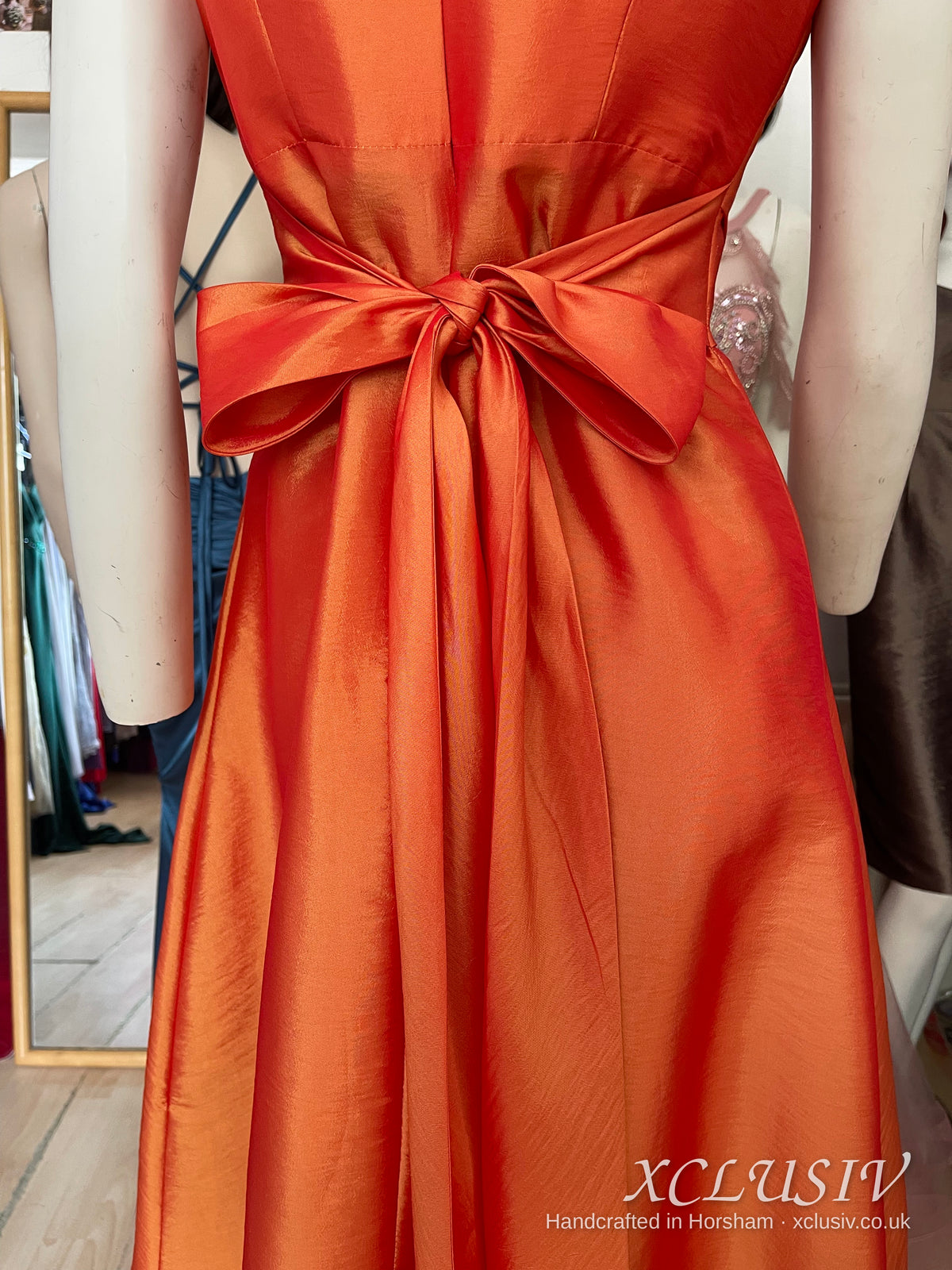 Burnt Orange Taffeta V-Neck Knee-Length Dress – Mother of the Bride – XCLUSIV Horsham (view 6)