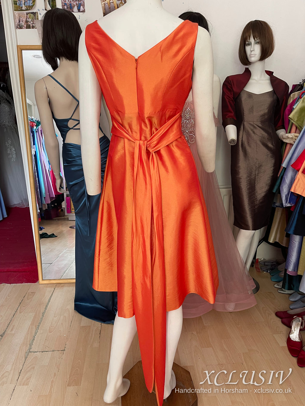 Burnt Orange Taffeta V-Neck Knee-Length Dress – Mother of the Bride – XCLUSIV Horsham (view 7)