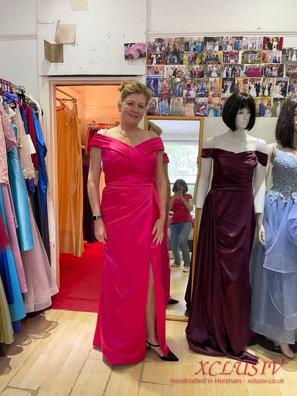 Cerise Satin Bardot Draped Column Gown – Mother of the Bride – XCLUSIV Horsham