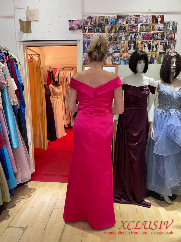 Cerise Satin Bardot Draped Column Gown – Mother of the Bride – XCLUSIV Horsham (view 2)