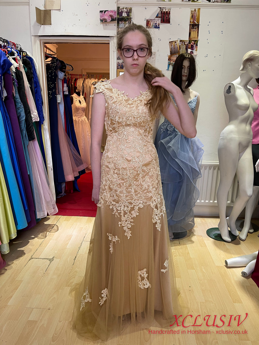 Champagne Lace Tulle Cap-Sleeve Prom Dress – XCLUSIV Horsham (view 2)