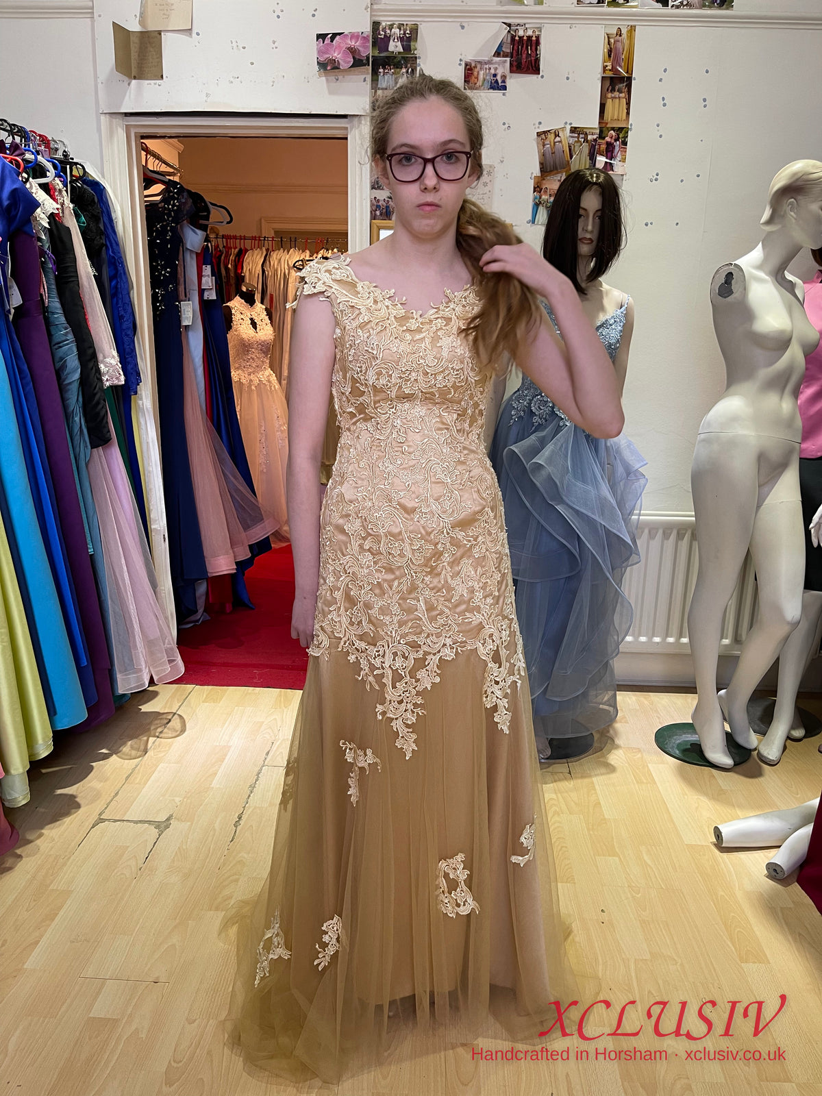 Champagne Lace Tulle Cap-Sleeve Prom Dress – XCLUSIV Horsham (view 2)